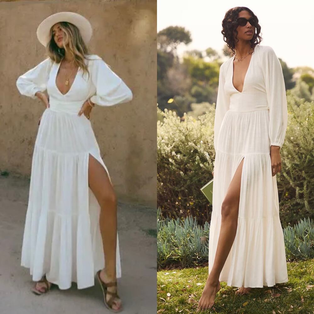 L*SPACE Hanna Balloon Long Sleeve Tiered Maxi Dress In Cream Size Large New - Picture 1 of 15